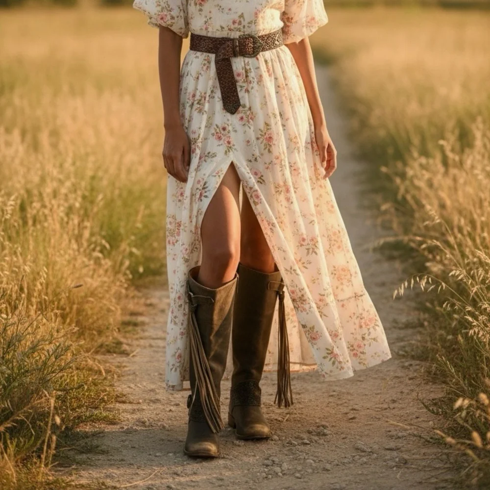Very Volatile Rainstorm Knee High Tan Boots Tall Leather Boots With Fringe